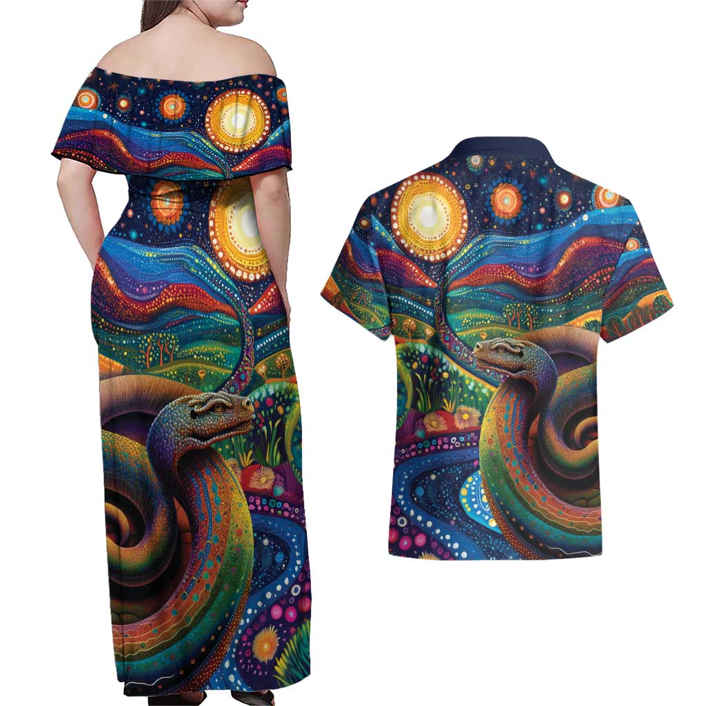 Aboriginal Dreamtime Rainbow Serpent Couples Matching Off Shoulder Maxi Dress and Hawaiian Shirt