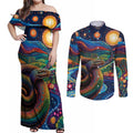 Aboriginal Dreamtime Rainbow Serpent Couples Matching Off Shoulder Maxi Dress and Long Sleeve Button Shirt