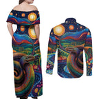Aboriginal Dreamtime Rainbow Serpent Couples Matching Off Shoulder Maxi Dress and Long Sleeve Button Shirt