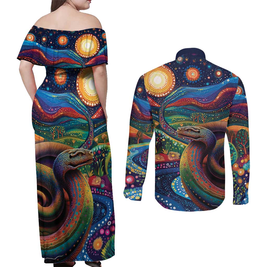 Aboriginal Dreamtime Rainbow Serpent Couples Matching Off Shoulder Maxi Dress and Long Sleeve Button Shirt