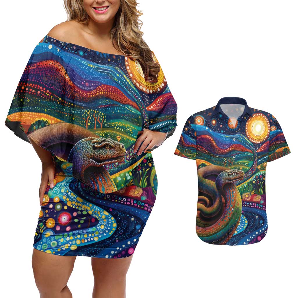 Aboriginal Dreamtime Rainbow Serpent Couples Matching Off Shoulder Short Dress and Hawaiian Shirt