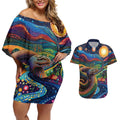 Aboriginal Dreamtime Rainbow Serpent Couples Matching Off Shoulder Short Dress and Hawaiian Shirt