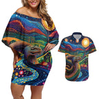 Aboriginal Dreamtime Rainbow Serpent Couples Matching Off Shoulder Short Dress and Hawaiian Shirt