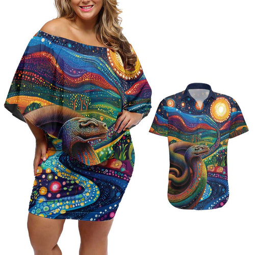 Aboriginal Dreamtime Rainbow Serpent Couples Matching Off Shoulder Short Dress and Hawaiian Shirt