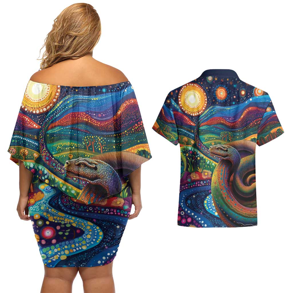 Aboriginal Dreamtime Rainbow Serpent Couples Matching Off Shoulder Short Dress and Hawaiian Shirt