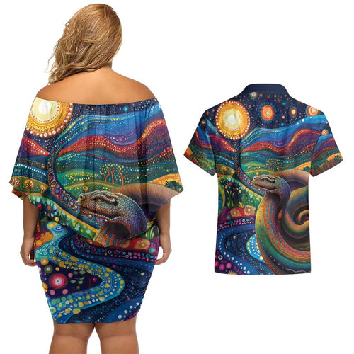 Aboriginal Dreamtime Rainbow Serpent Couples Matching Off Shoulder Short Dress and Hawaiian Shirt