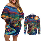 Aboriginal Dreamtime Rainbow Serpent Couples Matching Off Shoulder Short Dress and Long Sleeve Button Shirt