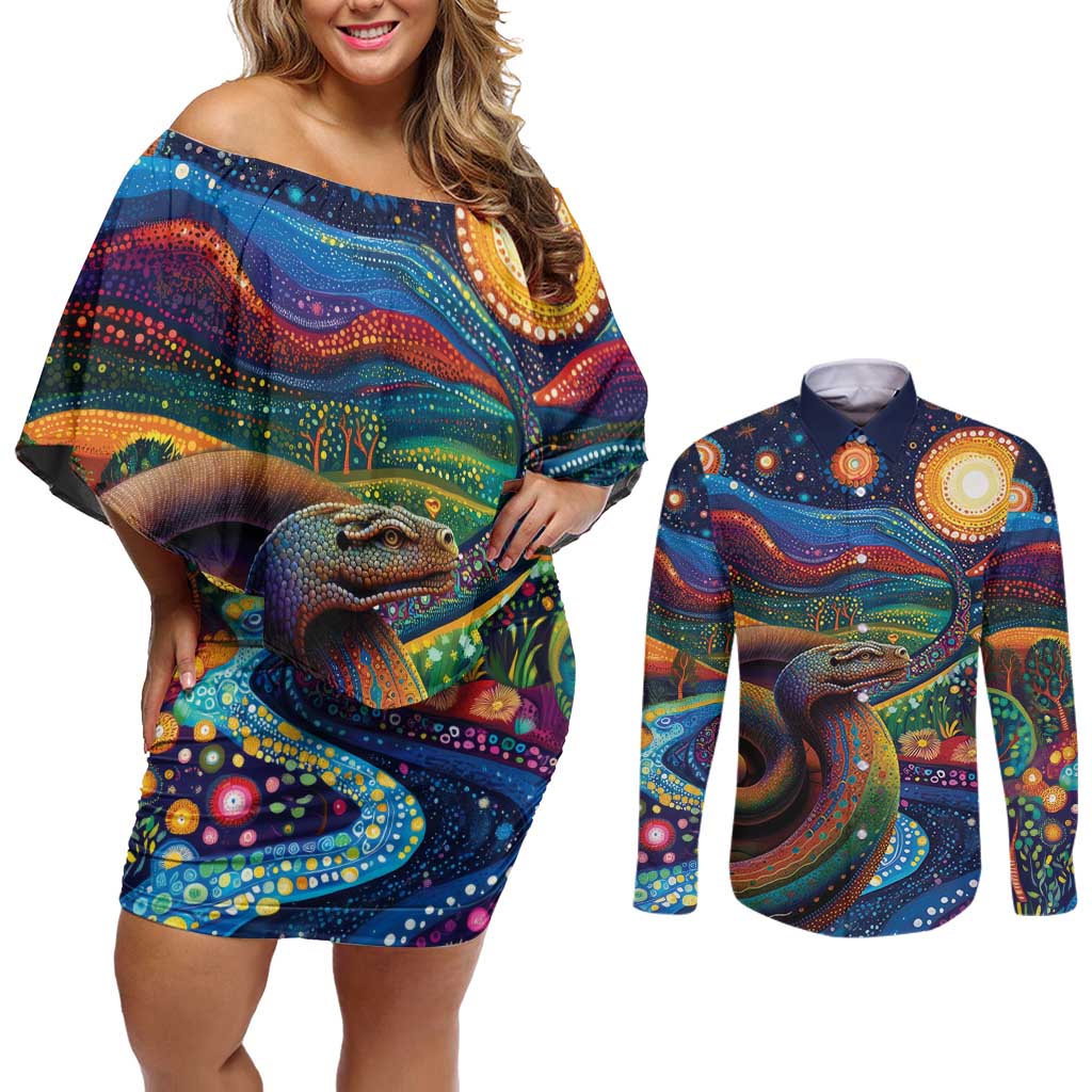 Aboriginal Dreamtime Rainbow Serpent Couples Matching Off Shoulder Short Dress and Long Sleeve Button Shirt