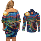 Aboriginal Dreamtime Rainbow Serpent Couples Matching Off Shoulder Short Dress and Long Sleeve Button Shirt