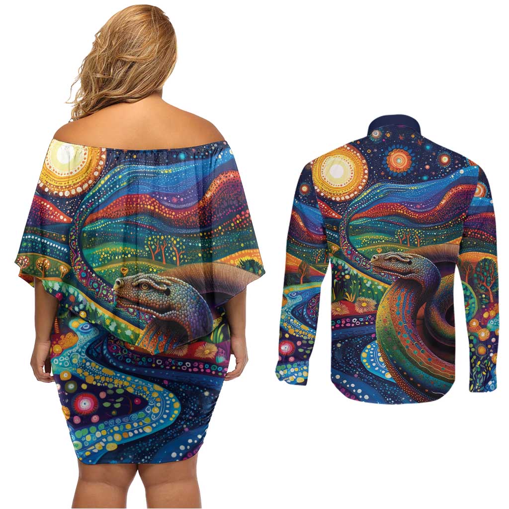 Aboriginal Dreamtime Rainbow Serpent Couples Matching Off Shoulder Short Dress and Long Sleeve Button Shirt