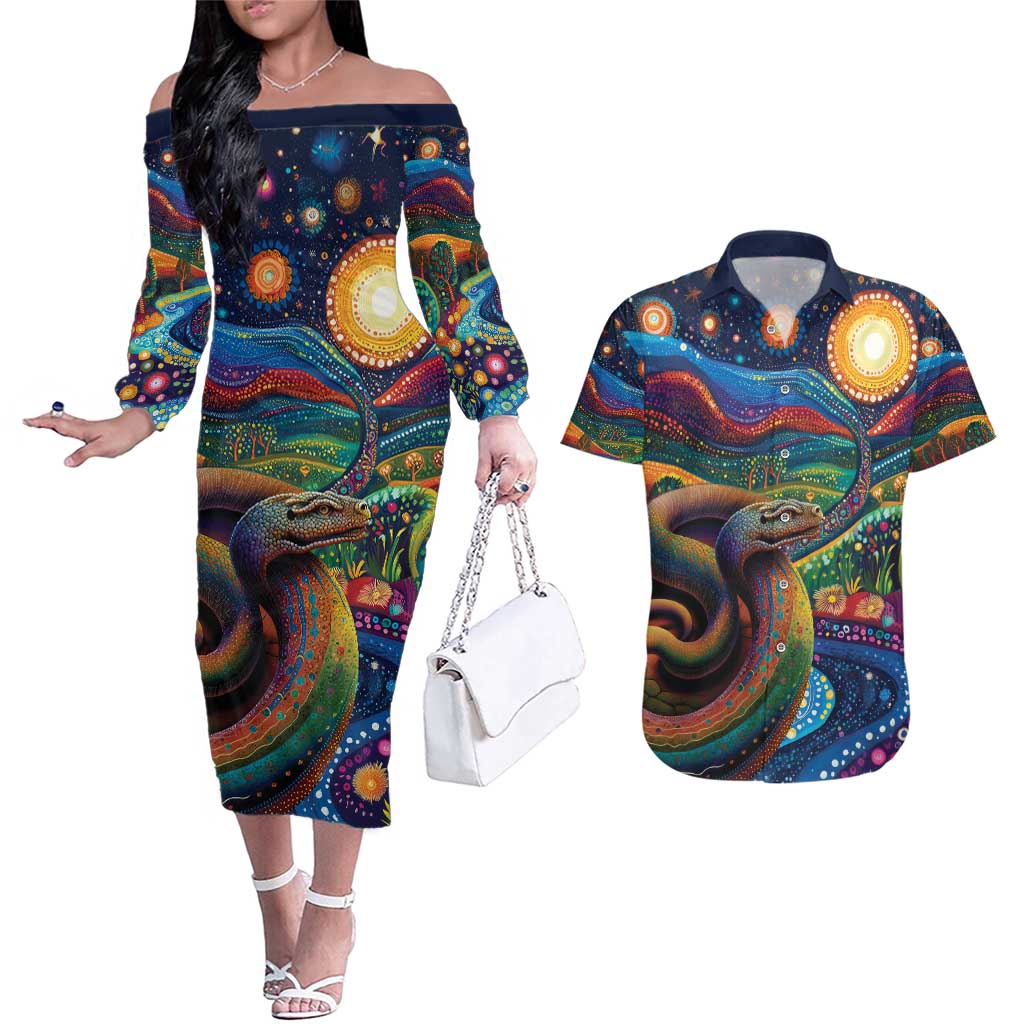 Aboriginal Dreamtime Rainbow Serpent Couples Matching Off The Shoulder Long Sleeve Dress and Hawaiian Shirt