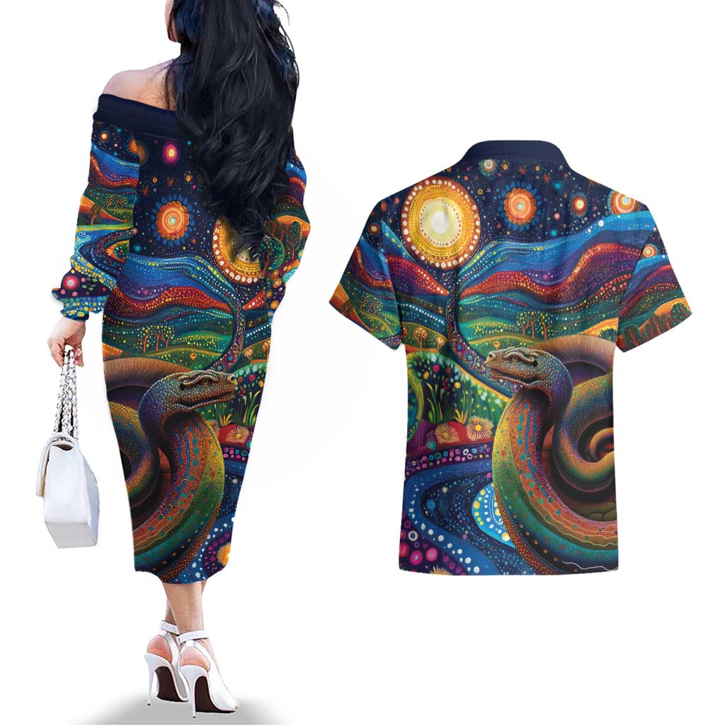 Aboriginal Dreamtime Rainbow Serpent Couples Matching Off The Shoulder Long Sleeve Dress and Hawaiian Shirt