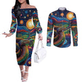 Aboriginal Dreamtime Rainbow Serpent Couples Matching Off The Shoulder Long Sleeve Dress and Long Sleeve Button Shirt
