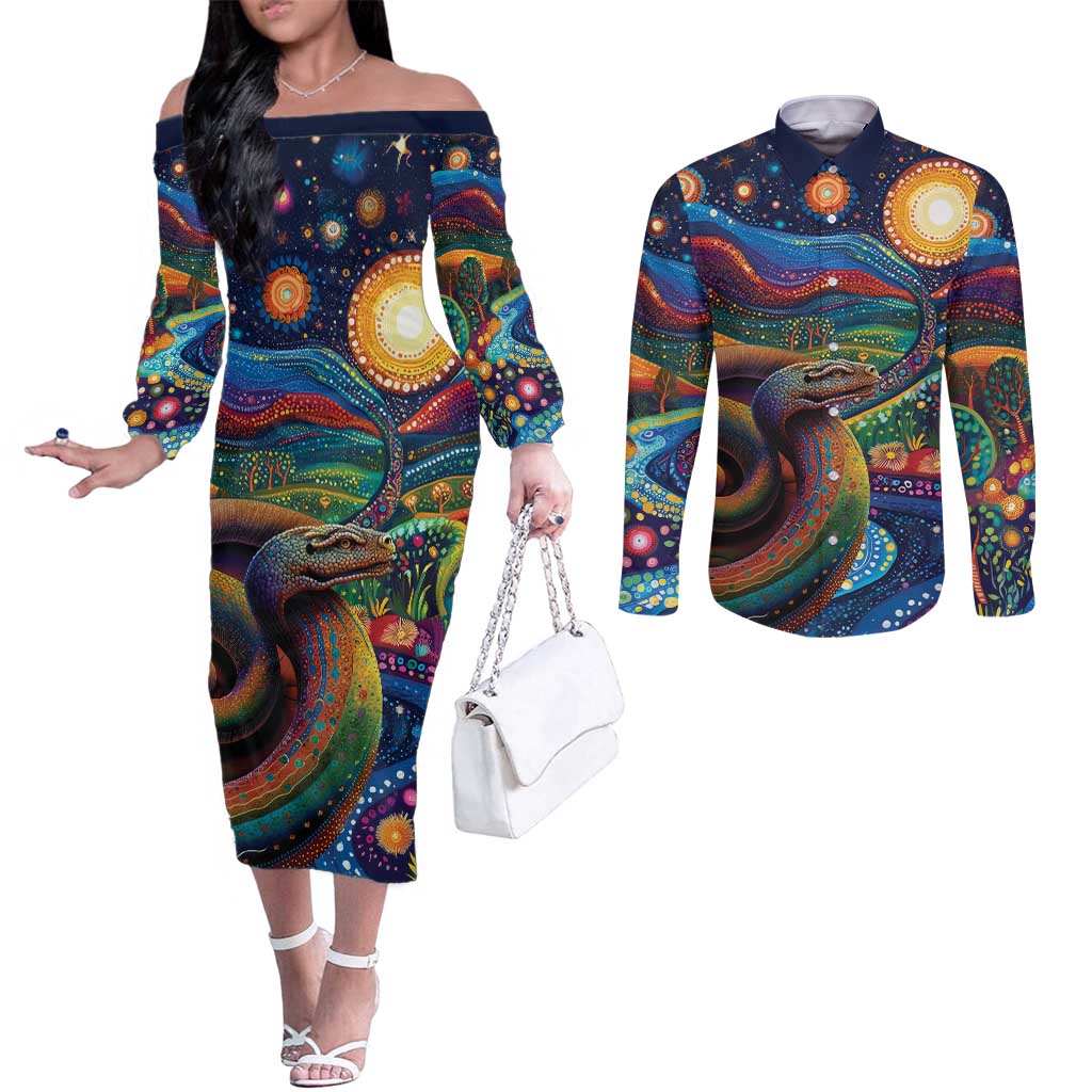 Aboriginal Dreamtime Rainbow Serpent Couples Matching Off The Shoulder Long Sleeve Dress and Long Sleeve Button Shirt