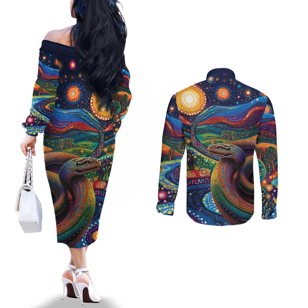 Aboriginal Dreamtime Rainbow Serpent Couples Matching Off The Shoulder Long Sleeve Dress and Long Sleeve Button Shirt