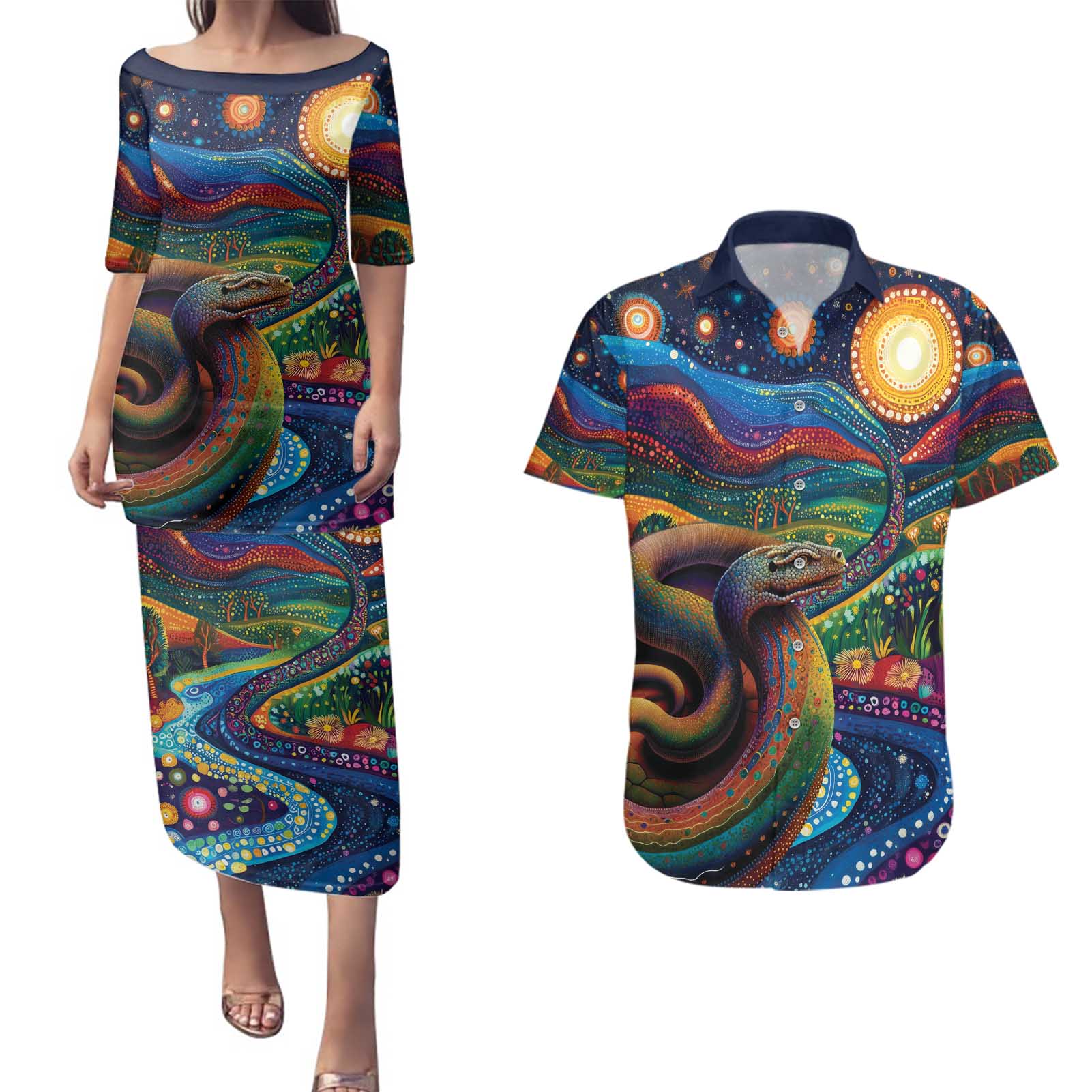 Aboriginal Dreamtime Rainbow Serpent Couples Matching Puletasi and Hawaiian Shirt