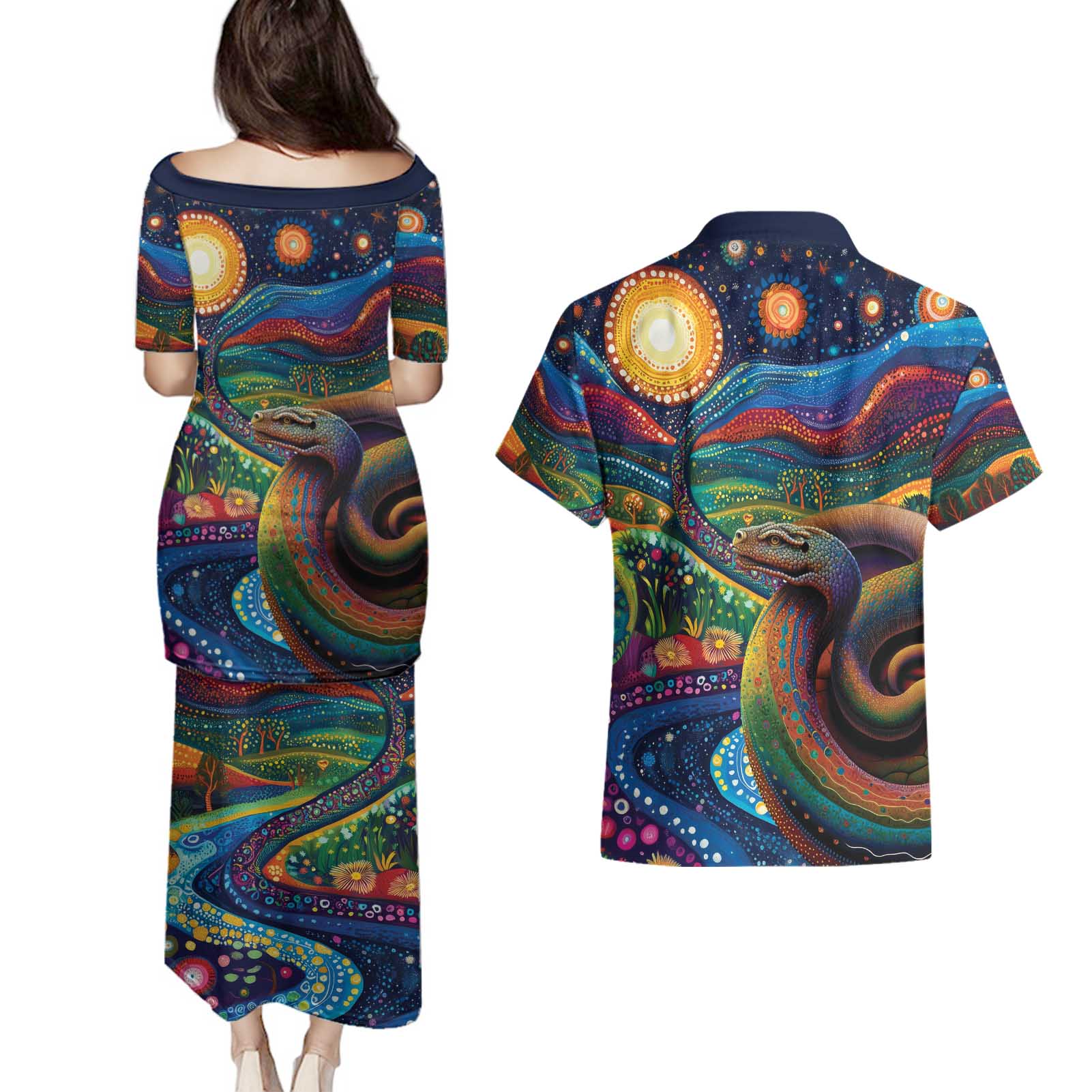 Aboriginal Dreamtime Rainbow Serpent Couples Matching Puletasi and Hawaiian Shirt