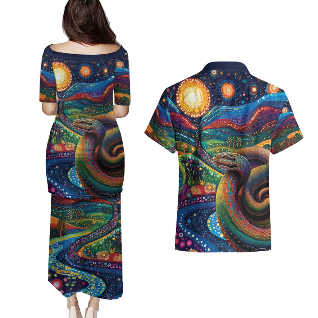 Aboriginal Dreamtime Rainbow Serpent Couples Matching Puletasi and Hawaiian Shirt