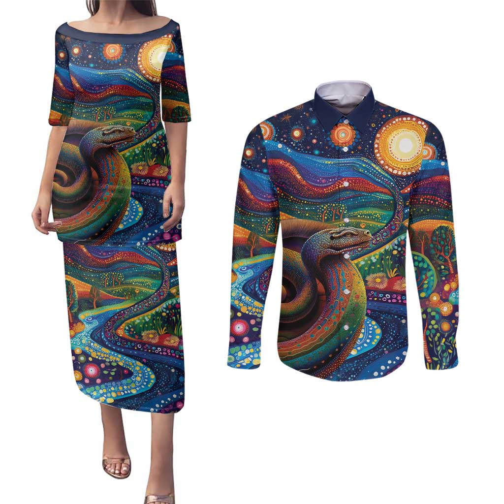 Aboriginal Dreamtime Rainbow Serpent Couples Matching Puletasi and Long Sleeve Button Shirt