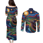 Aboriginal Dreamtime Rainbow Serpent Couples Matching Puletasi and Long Sleeve Button Shirt