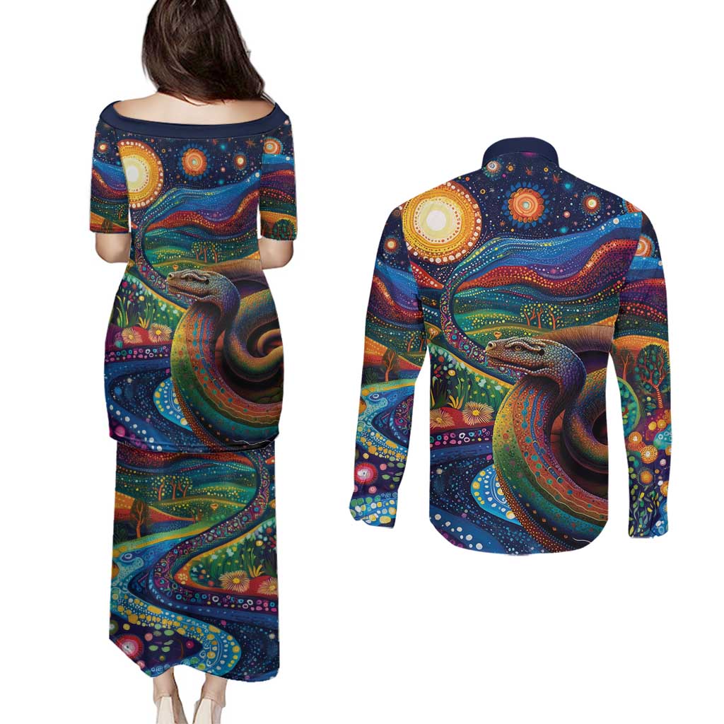 Aboriginal Dreamtime Rainbow Serpent Couples Matching Puletasi and Long Sleeve Button Shirt