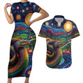 Aboriginal Dreamtime Rainbow Serpent Couples Matching Short Sleeve Bodycon Dress and Hawaiian Shirt