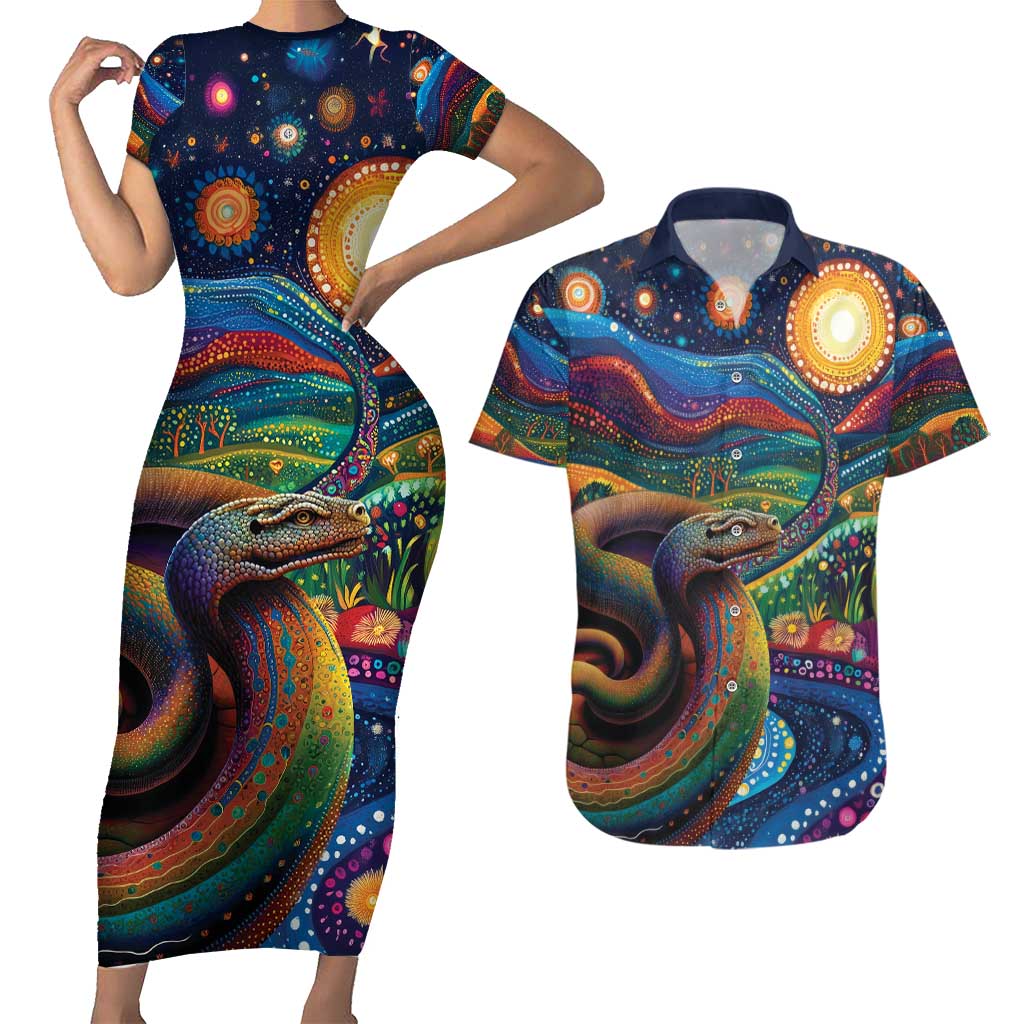 Aboriginal Dreamtime Rainbow Serpent Couples Matching Short Sleeve Bodycon Dress and Hawaiian Shirt