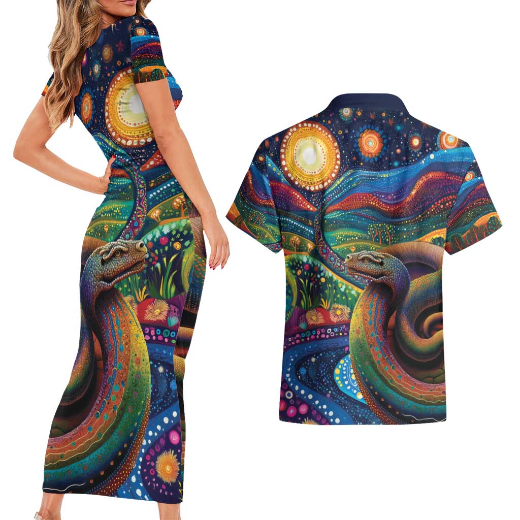Aboriginal Dreamtime Rainbow Serpent Couples Matching Short Sleeve Bodycon Dress and Hawaiian Shirt