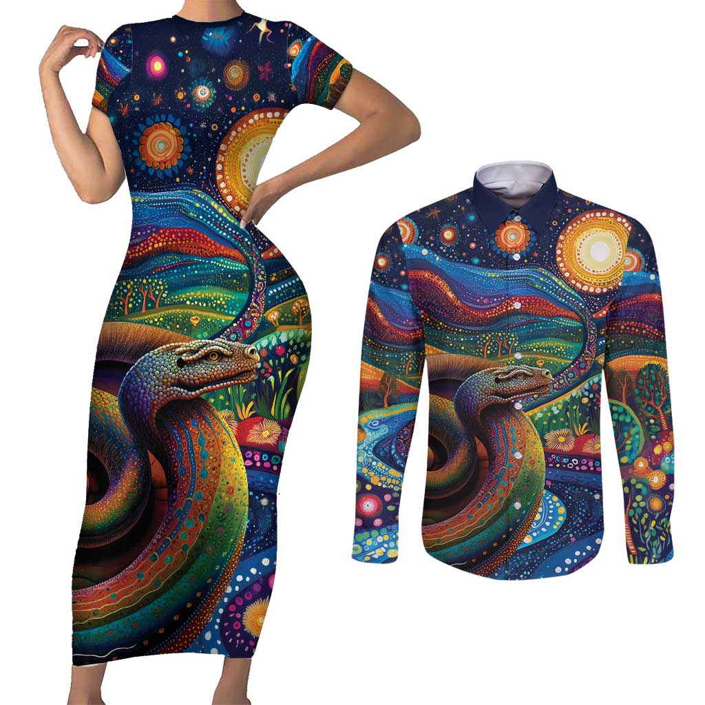 Aboriginal Dreamtime Rainbow Serpent Couples Matching Short Sleeve Bodycon Dress and Long Sleeve Button Shirt
