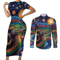Aboriginal Dreamtime Rainbow Serpent Couples Matching Short Sleeve Bodycon Dress and Long Sleeve Button Shirt