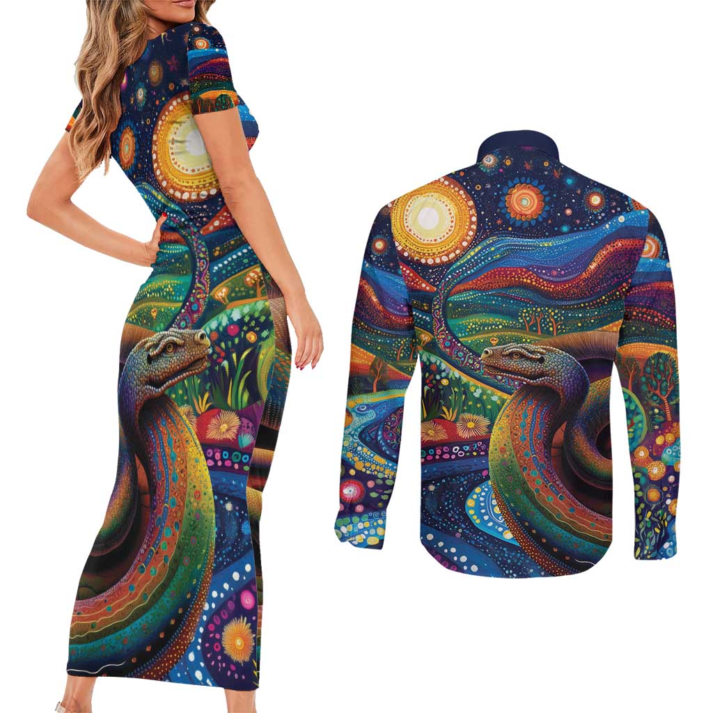 Aboriginal Dreamtime Rainbow Serpent Couples Matching Short Sleeve Bodycon Dress and Long Sleeve Button Shirt