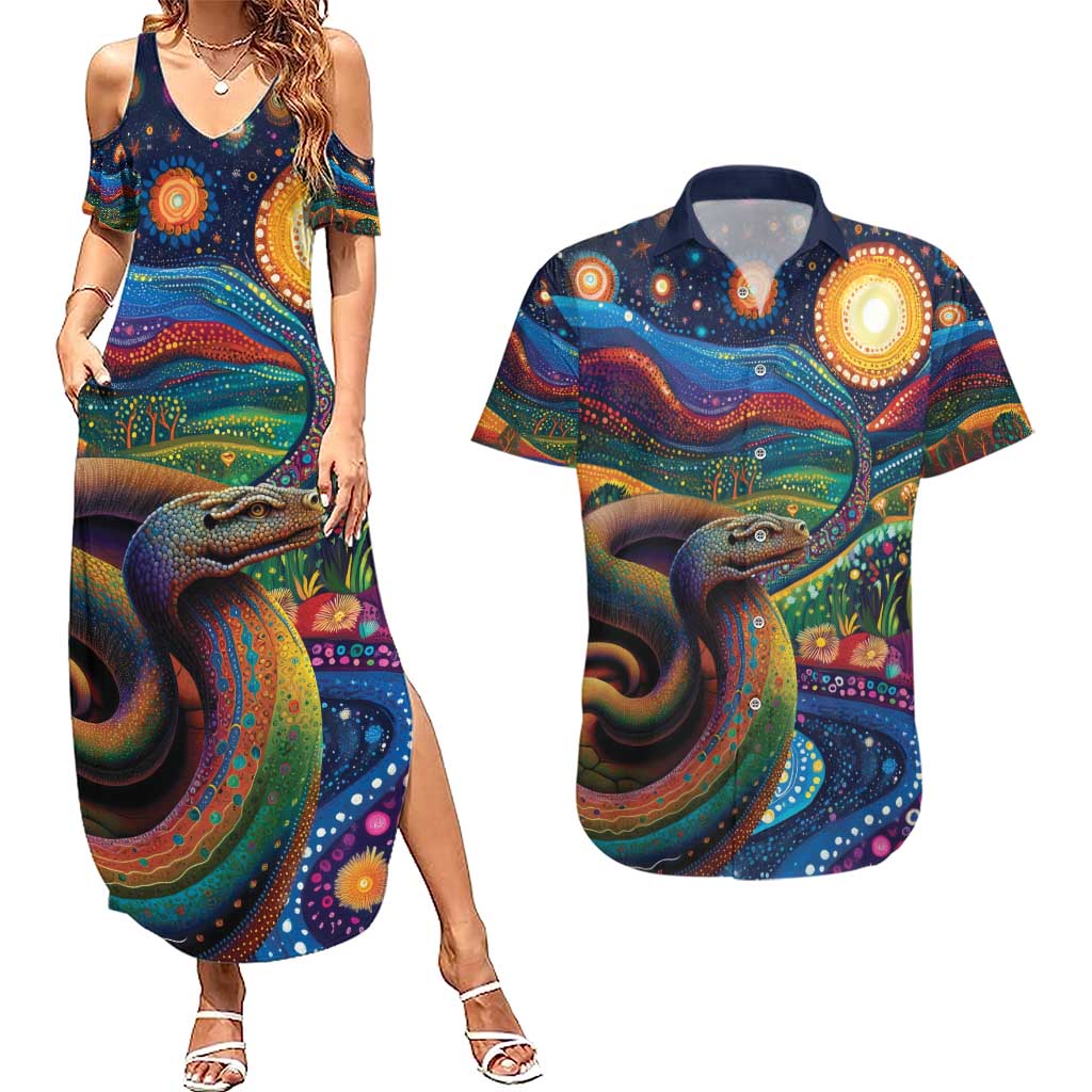 Aboriginal Dreamtime Rainbow Serpent Couples Matching Summer Maxi Dress and Hawaiian Shirt
