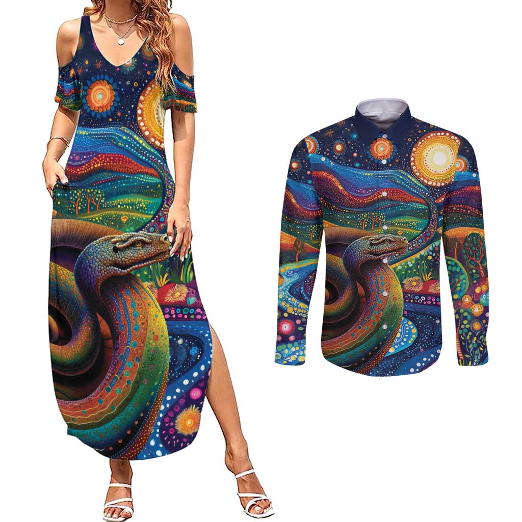 Aboriginal Dreamtime Rainbow Serpent Couples Matching Summer Maxi Dress and Long Sleeve Button Shirt
