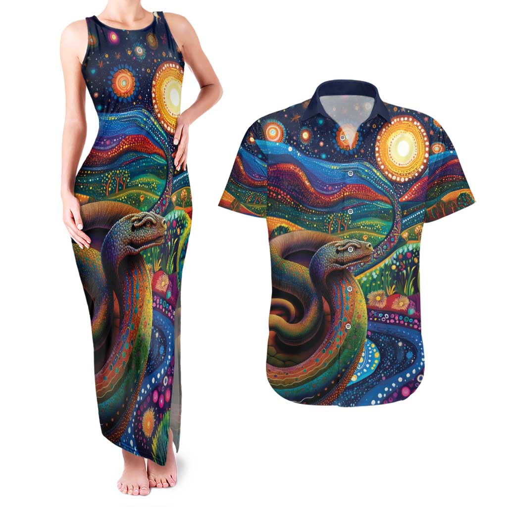 Aboriginal Dreamtime Rainbow Serpent Couples Matching Tank Maxi Dress and Hawaiian Shirt
