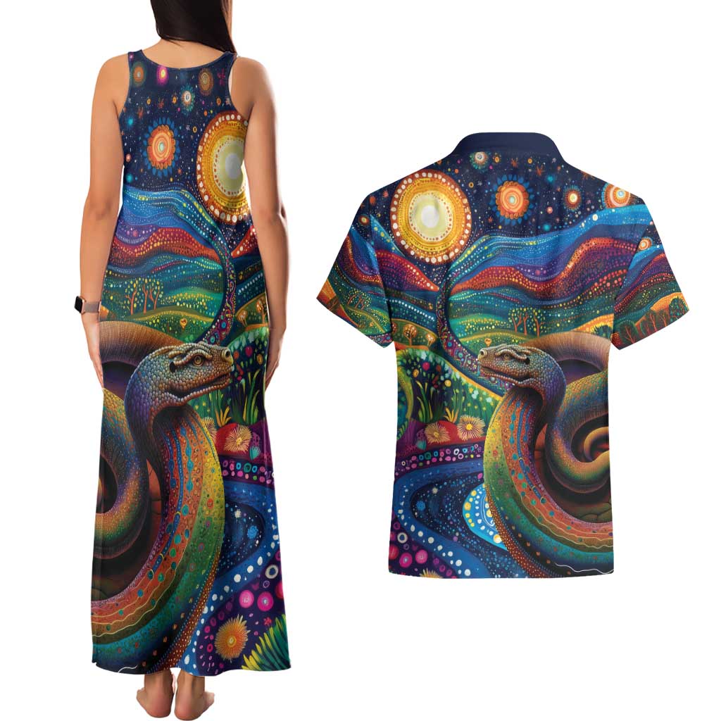 Aboriginal Dreamtime Rainbow Serpent Couples Matching Tank Maxi Dress and Hawaiian Shirt