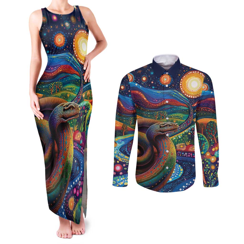 Aboriginal Dreamtime Rainbow Serpent Couples Matching Tank Maxi Dress and Long Sleeve Button Shirt