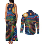 Aboriginal Dreamtime Rainbow Serpent Couples Matching Tank Maxi Dress and Long Sleeve Button Shirt