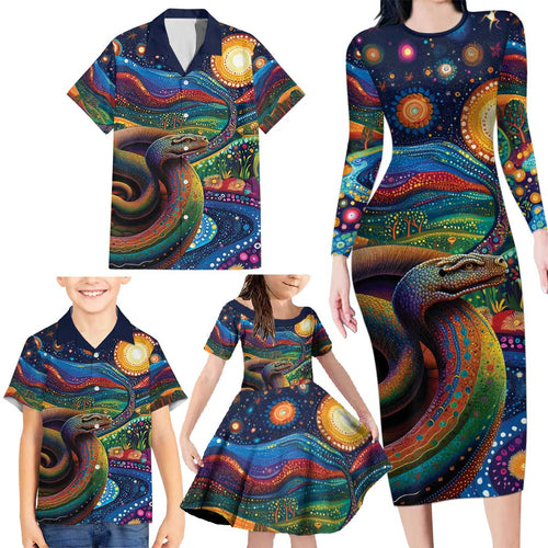 Aboriginal Dreamtime Rainbow Serpent Family Matching Long Sleeve Bodycon Dress and Hawaiian Shirt