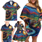 Aboriginal Dreamtime Rainbow Serpent Family Matching Off Shoulder Short Dress and Hawaiian Shirt