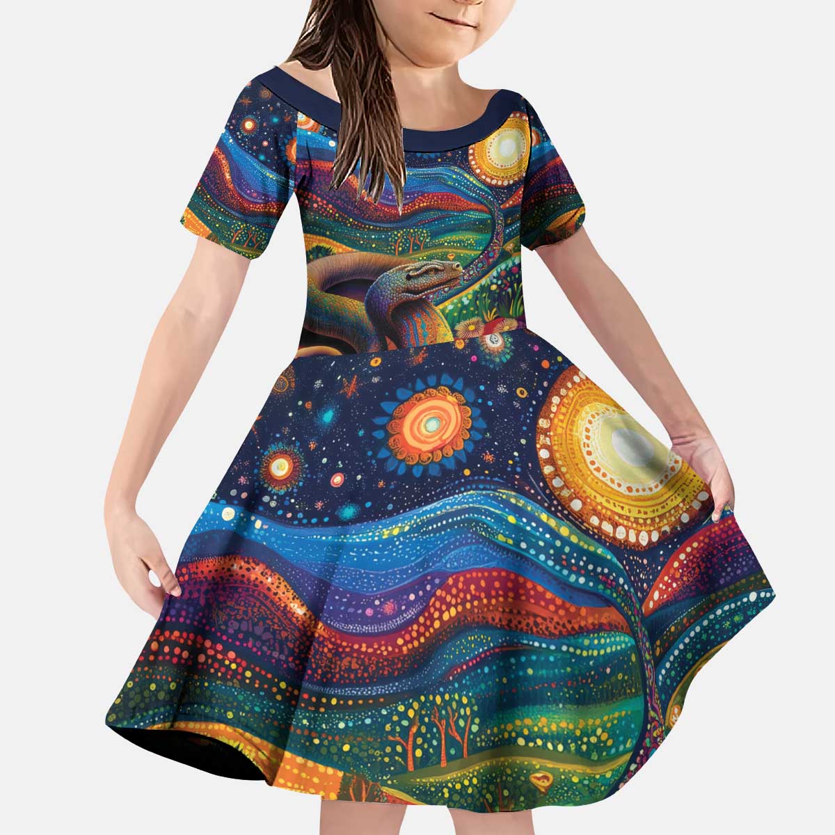Aboriginal Dreamtime Rainbow Serpent Kid Short Sleeve Dress