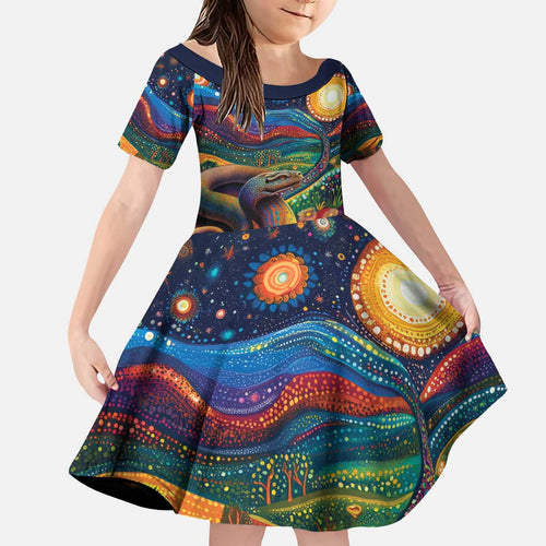 Aboriginal Dreamtime Rainbow Serpent Kid Short Sleeve Dress