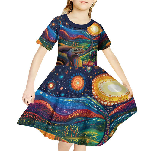 Aboriginal Dreamtime Rainbow Serpent Kid Short Sleeve Dress