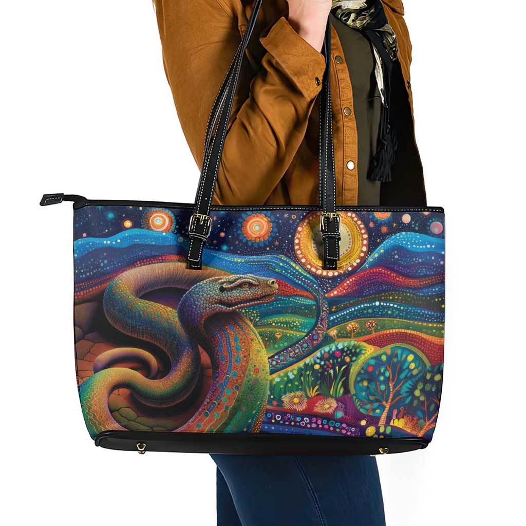 Aboriginal Dreamtime Rainbow Serpent Leather Tote Bag
