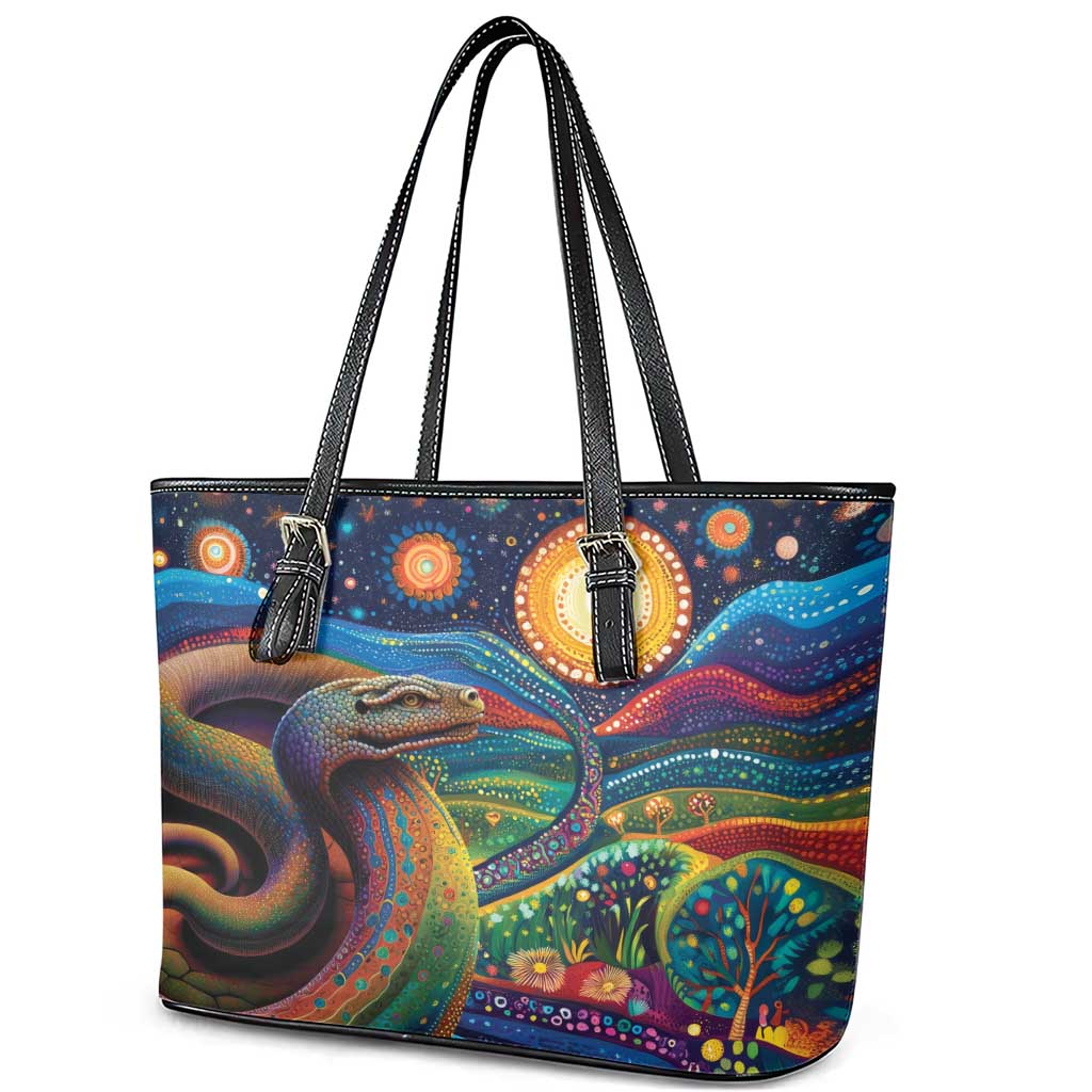 Aboriginal Dreamtime Rainbow Serpent Leather Tote Bag