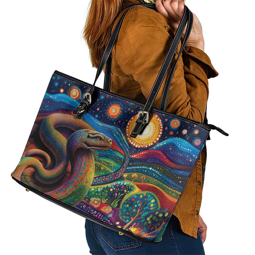 Aboriginal Dreamtime Rainbow Serpent Leather Tote Bag