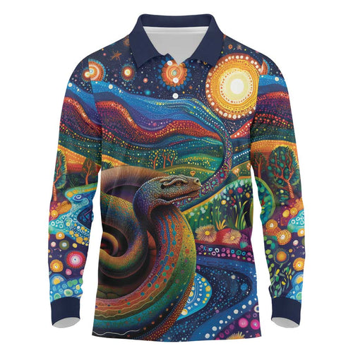 Aboriginal Dreamtime Rainbow Serpent Long Sleeve Polo Shirt
