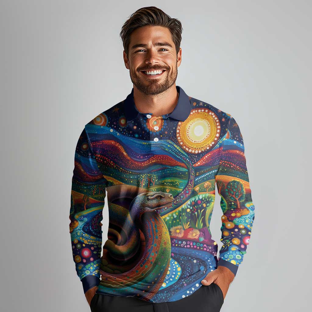 Aboriginal Dreamtime Rainbow Serpent Long Sleeve Polo Shirt