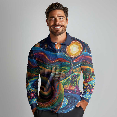 Aboriginal Dreamtime Rainbow Serpent Long Sleeve Polo Shirt