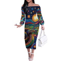 Aboriginal Dreamtime Rainbow Serpent Off The Shoulder Long Sleeve Dress
