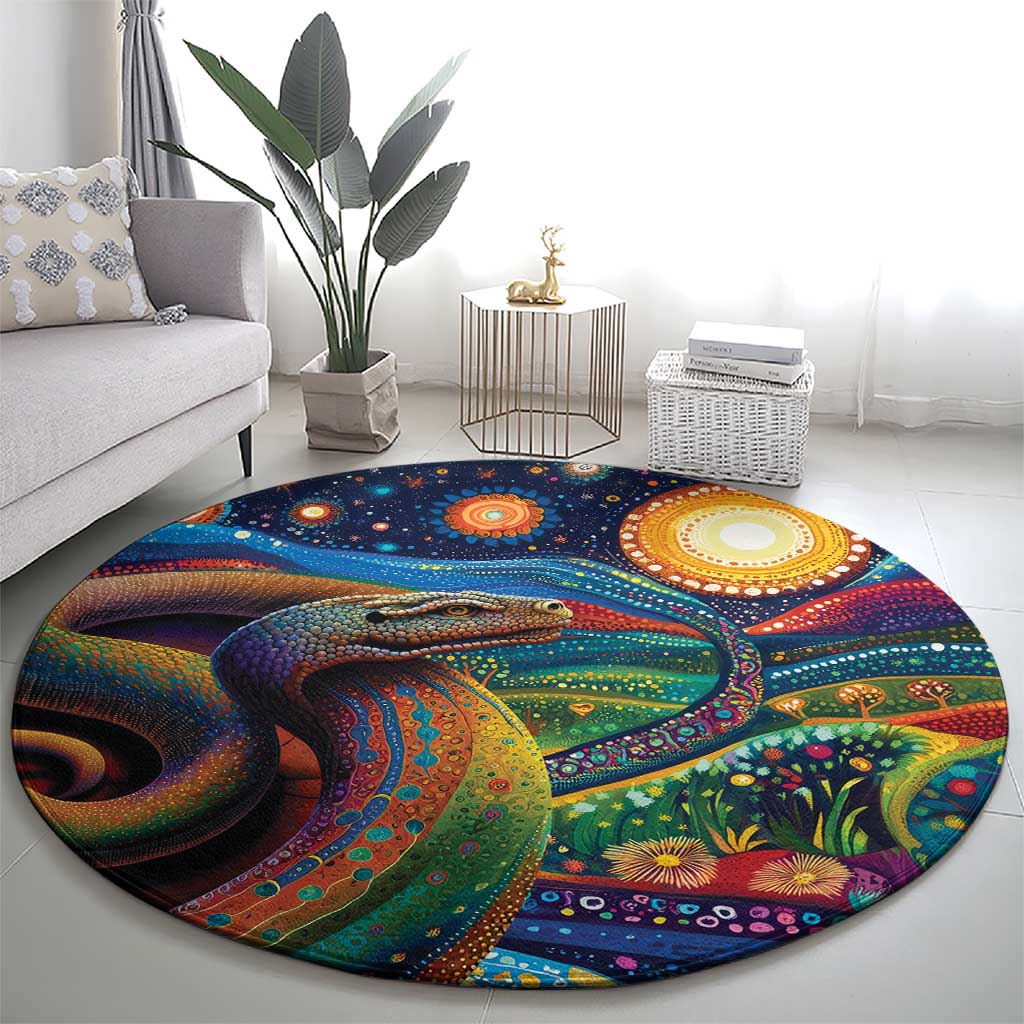 Aboriginal Dreamtime Rainbow Serpent Round Carpet
